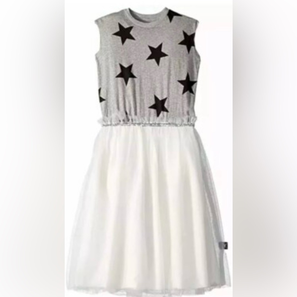 Nununu stars dress grey with black stars white tulle bottom rhinestone waist
